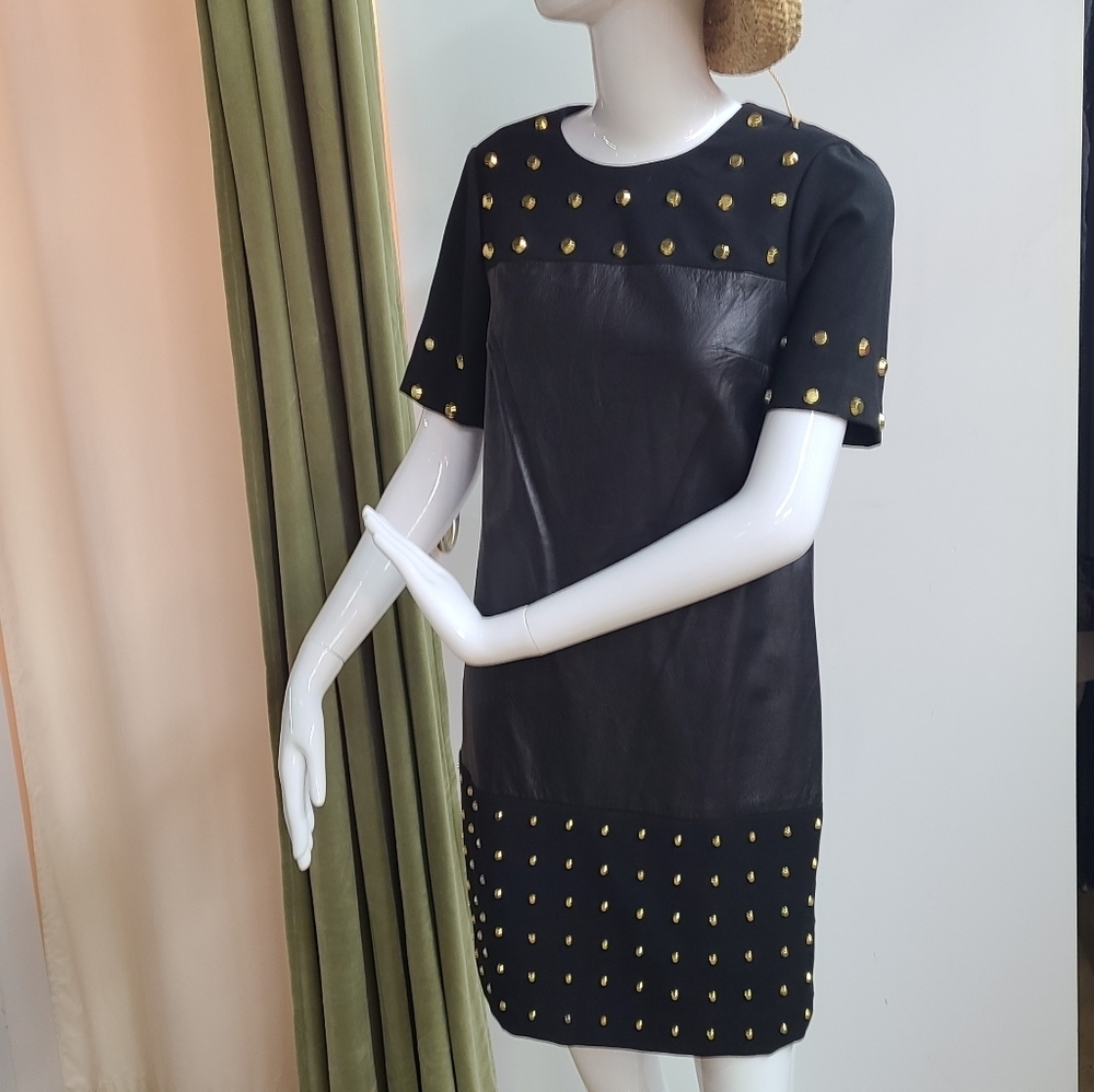 Michael Michael Kors Black Leather Gold Studded Midi Dress Size 0 - Picture 3 of 16